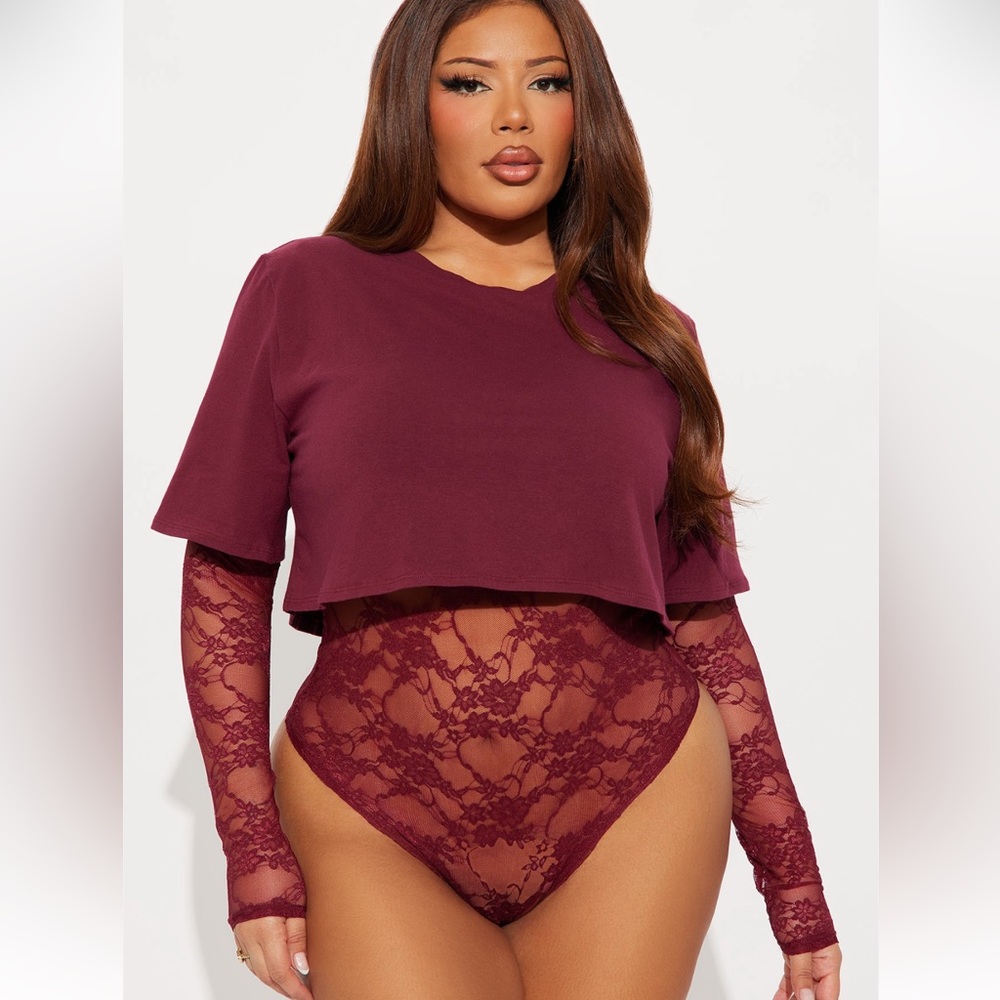 Fashion Nova Burgundy Lace Bodysuit